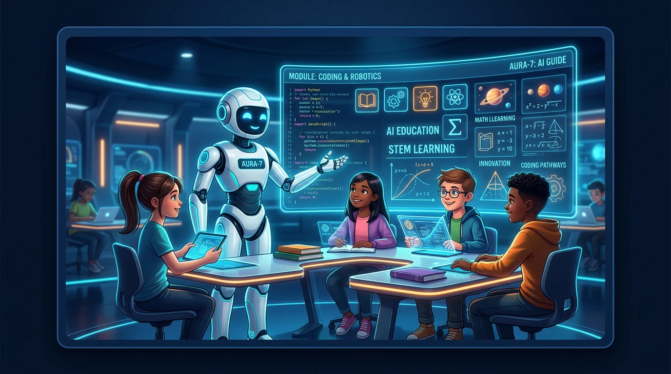 AI robot teacher guiding students in a futuristic classroom